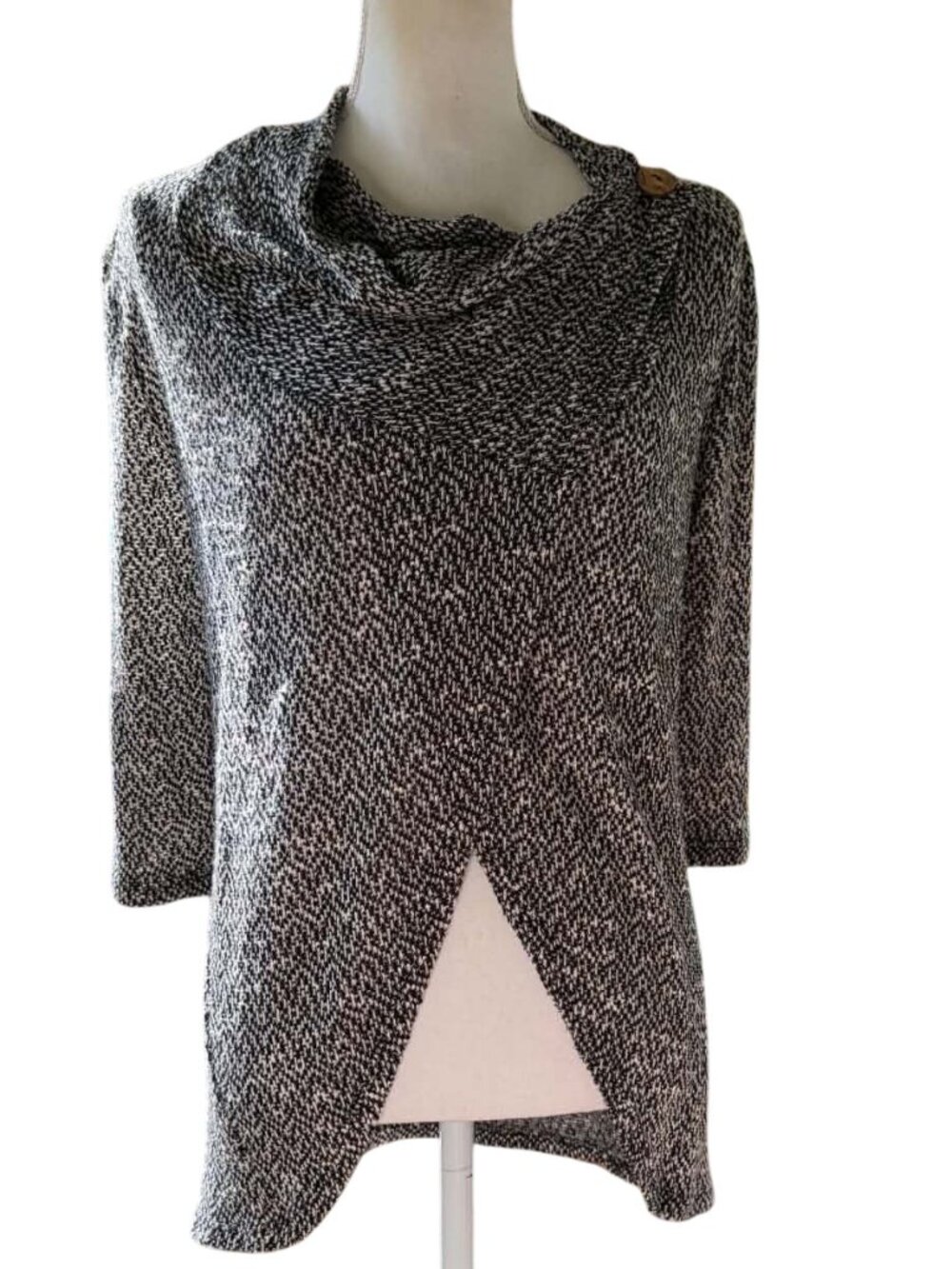 J Mode marled black and white asymmetrical drape front sweater